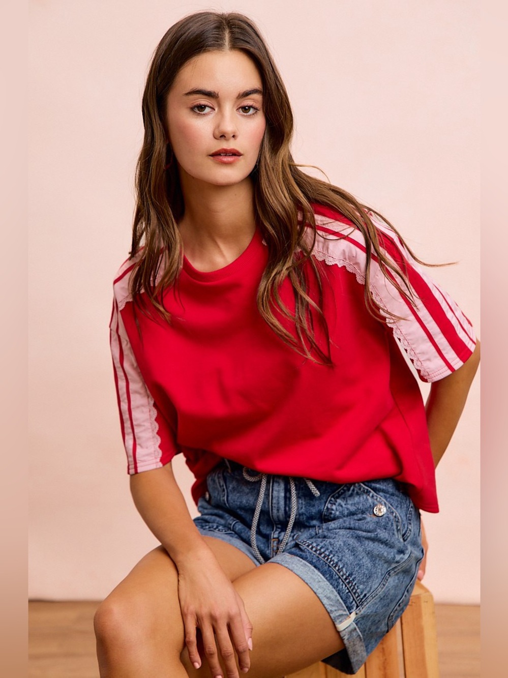 BiBi French Terry Side Lace Detail Short Sleeves Top - Picture 6 of 15